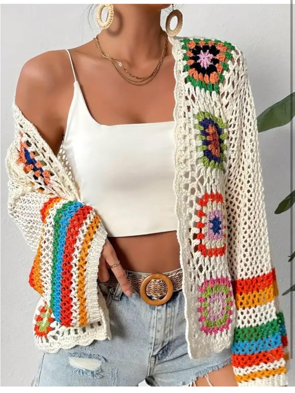 Boho Crochet Open-Knit Cardigan Sweater - Cream with Multicolor Accents